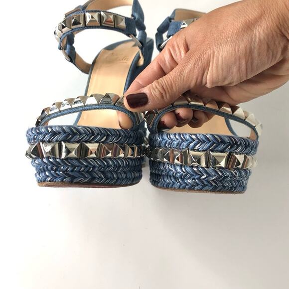 Christian Louboutin Cataclou 140 Jeans Silvers Studded Wedge Platform Sandals 37 - Picture 8 of 13